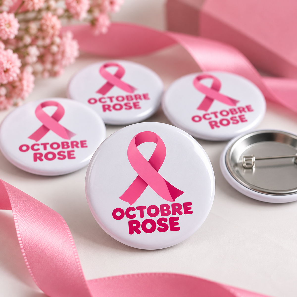 10 Pins ronds personnalisés Octobre Rose pour entreprise